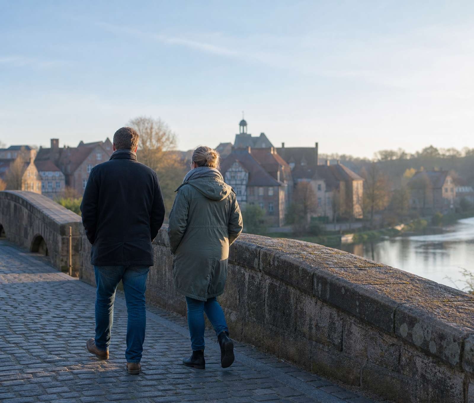 Symbolbild: Zwei Menschen gehen im Morgenlicht über eine alte Steinbrücke, dahinter eine norddeutsche Altstadt am Fluss